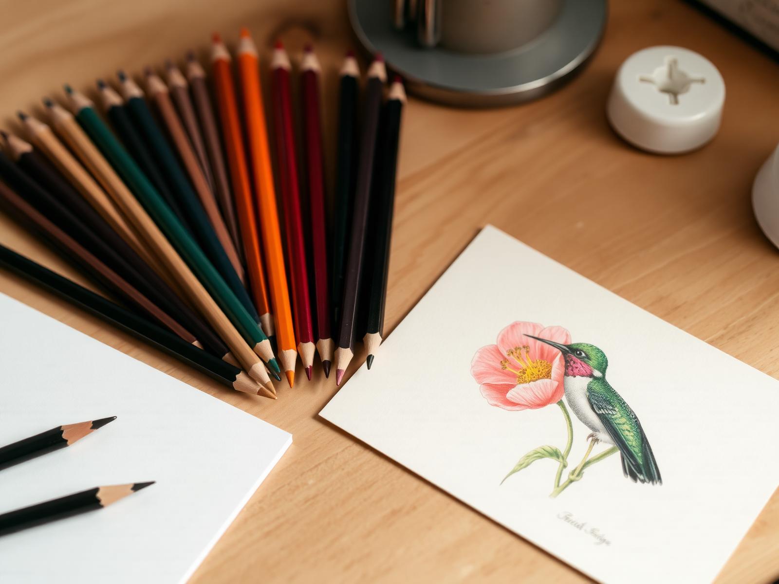 Ruth's studio desk with colored pencils and a hummingbird drawing